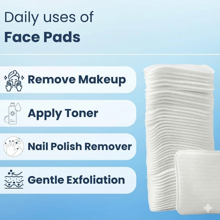 A light blue promotional graphic showing a stack of white face pads and a single square pad in front, with text listing daily uses: remove makeup, apply toner, nail polish remover, and gentle exfoliation.