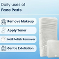 A light blue promotional graphic showing a stack of white face pads and a single square pad in front, with text listing daily uses: remove makeup, apply toner, nail polish remover, and gentle exfoliation.