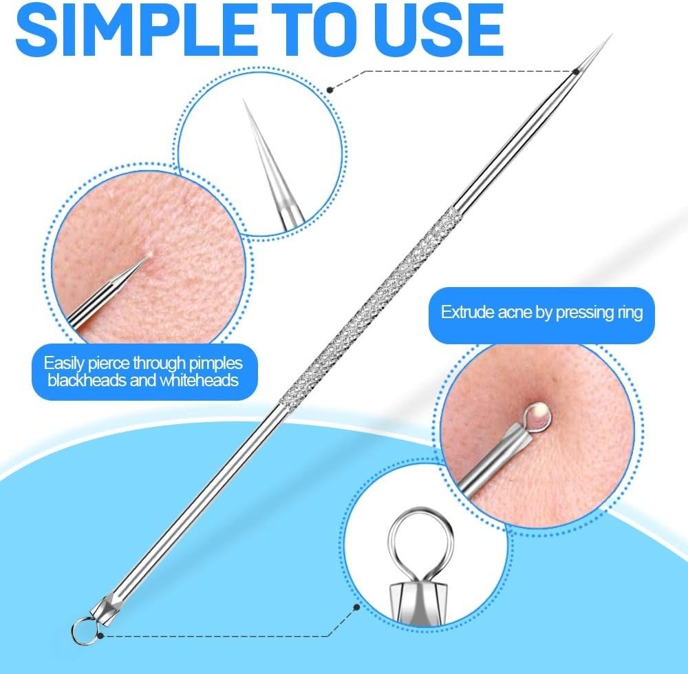 Pimple Extractor Acne Treatment Tool Surgical Grade Blackhead Comedone Removal 2-in-1 Popper Tool for Face Nose Blackhead Extractor Tool Silver
