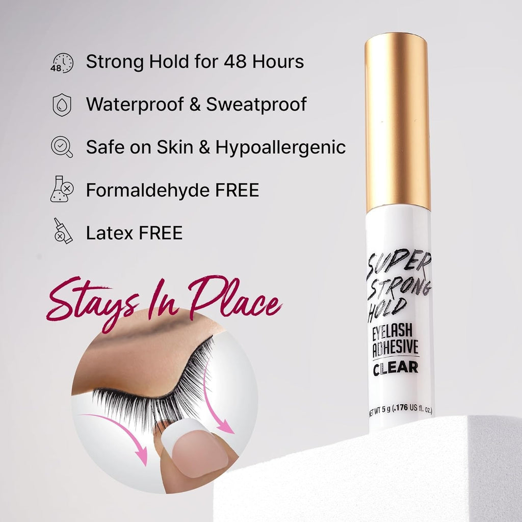 Super Strong Hold Eyelash Adhesive, Waterproof Long-Lasting Strip Lash Glue, Natural-Looking Allergy & Latex Free with Brush Applicator (Clear)