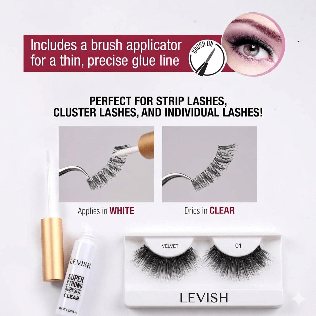 Super Strong Hold Eyelash Adhesive, Waterproof Long-Lasting Strip Lash Glue, Natural-Looking Allergy & Latex Free with Brush Applicator (Clear)