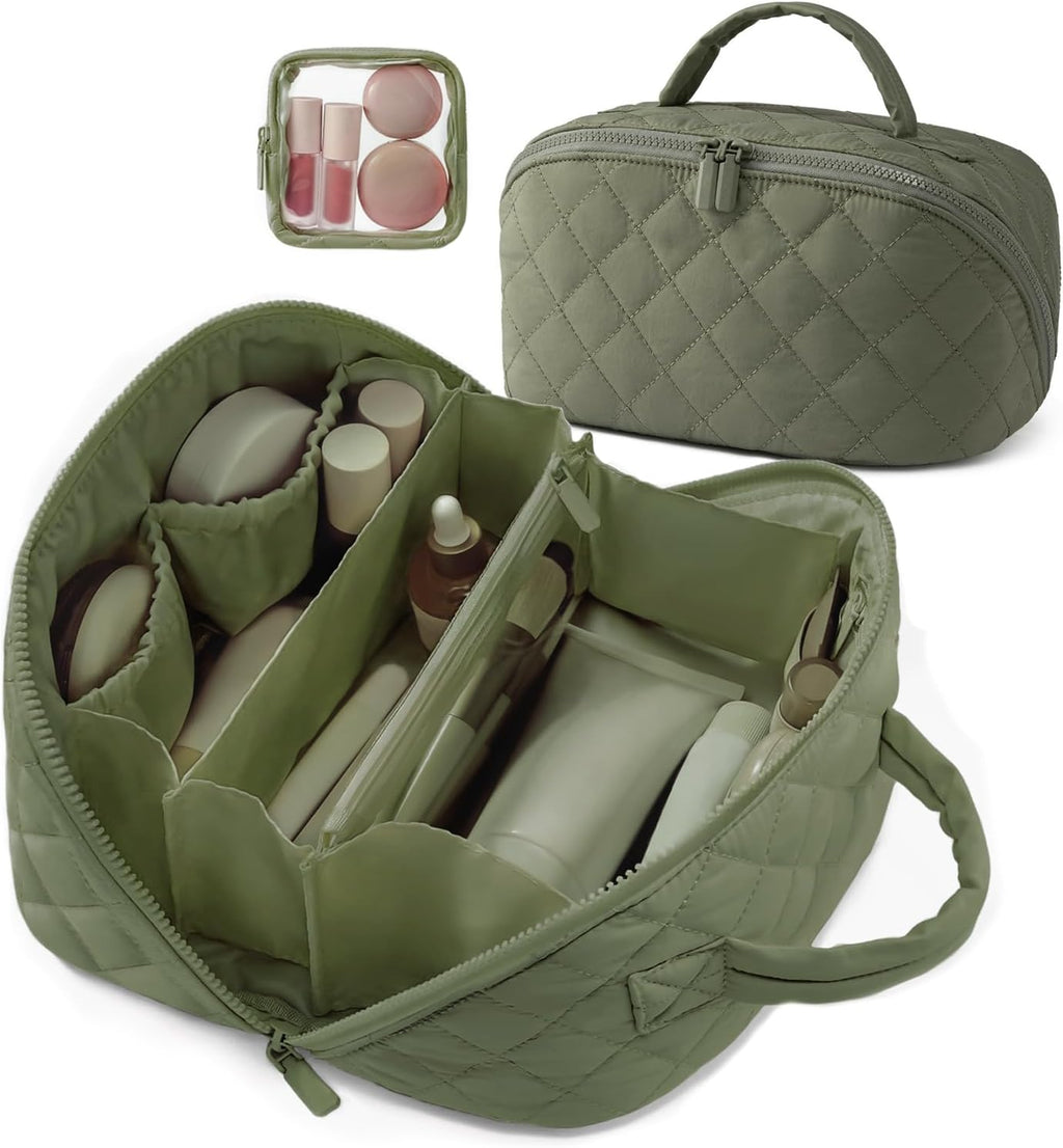 Waterproof Makeup Bag & Makeup Organizer - Travel Toiletry Bag, 180° Lay-Flat Large Cosmetic Case, Puffy Padded Travel Organizer for Brushes & Cosmetics, Perfect Valentine Gifts for Women