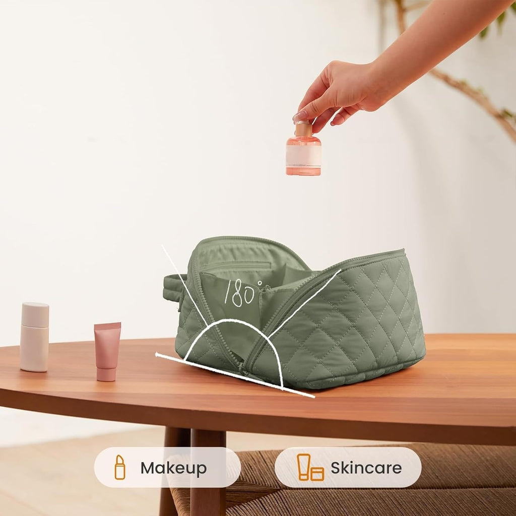Waterproof Makeup Bag & Makeup Organizer - Travel Toiletry Bag, 180° Lay-Flat Large Cosmetic Case, Puffy Padded Travel Organizer for Brushes & Cosmetics, Perfect Valentine Gifts for Women